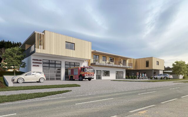 Visualisierung eines Holzbau-Wohnprojekts mit integriertem Feuerwehrstützpunkt in Kärnten