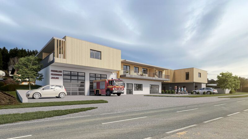 Visualisierung eines Holzbau-Wohnprojekts mit integriertem Feuerwehrstützpunkt in Kärnten