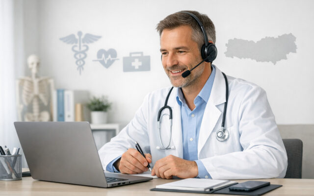 Telemedizinische Beratung: Ärztin telefoniert am Schreibtisch mit Headset und Laptop.