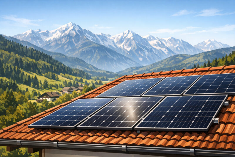Photovoltaik-Module auf einem Hausdach in Kärnten bei Sonnenschein