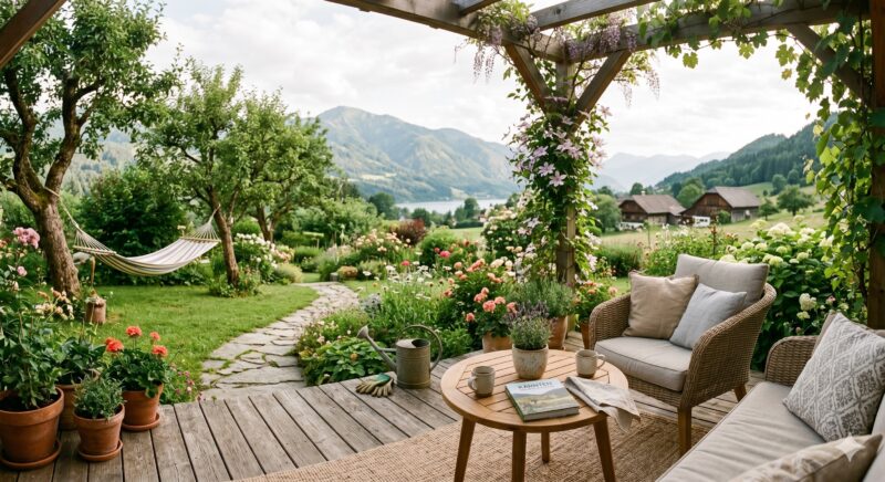Ein Platz an der Sonne: Mediterrane Kräuter und bequeme Möbel machen die Terrasse zum Lieblingsort.