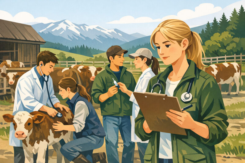 Veterinärstudenten auf einem Bauernhof mit Rindern als Symbol für Ausbildung gegen den Nutztierärztemangel in Kärnten.