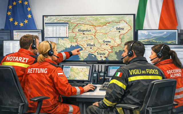 Einsatzkräfte in einer Leitstelle in Kärnten koordinieren grenzüberschreitende Notrufe mit Italien.