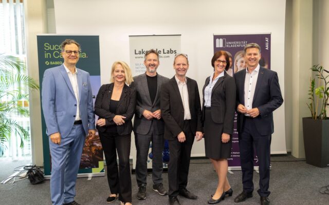Christian Bettstetter, Rektorin Ada Pellert, Markus Hornböck, Andreas Kercek, Claudia Prüggler und LH Daniel Fellner.