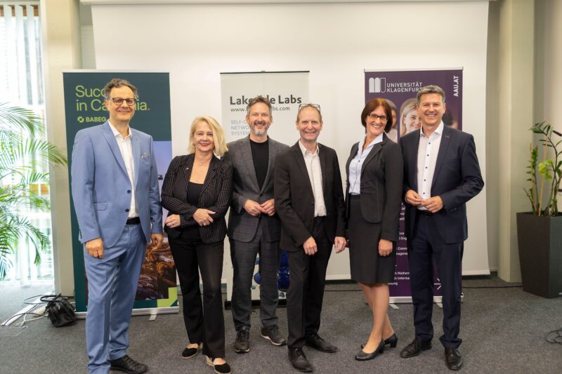 Christian Bettstetter, Rektorin Ada Pellert, Markus Hornböck, Andreas Kercek, Claudia Prüggler und LH Daniel Fellner.