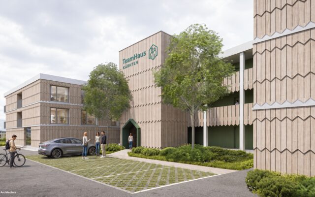 So sieht die Zukunft des Tourismus-Wohnens aus: Das architektonische Rendering zeigt das geplante „TeamHaus Velden“ in seiner modernen und nachhaltigen Holz-Hybridbauweise.