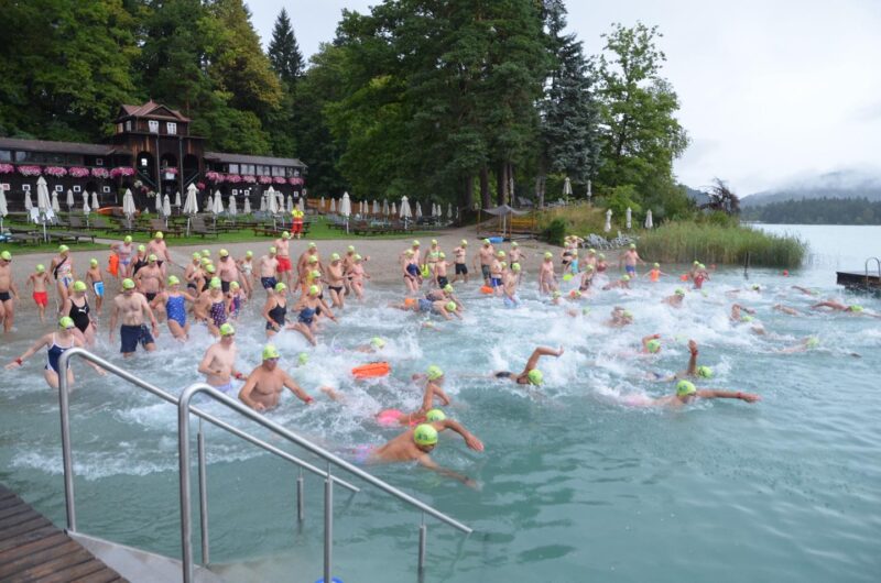 Großes Teilnehmerfeld bei der 61. Auflage: Über 200 Schwimmer machten sich von der Faaker-See-Insel auf den Weg ins Strandbad.