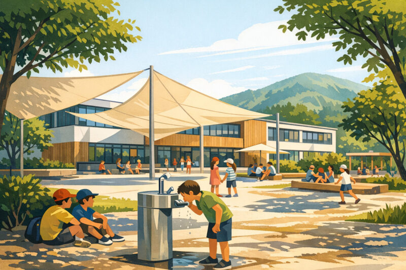 Begrünter Schulhof einer Volksschule mit Sonnensegeln und schattigen Aufenthaltsflächen