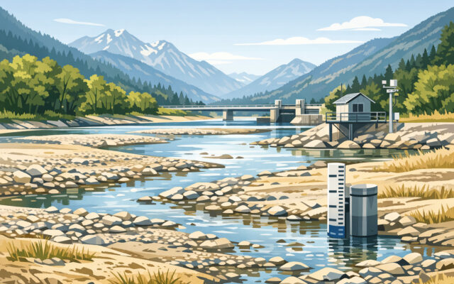 Kärntner Flusslandschaft mit niedrigem Wasserstand während einer sommerlichen Trockenperiode