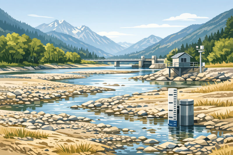 Kärntner Flusslandschaft mit niedrigem Wasserstand während einer sommerlichen Trockenperiode