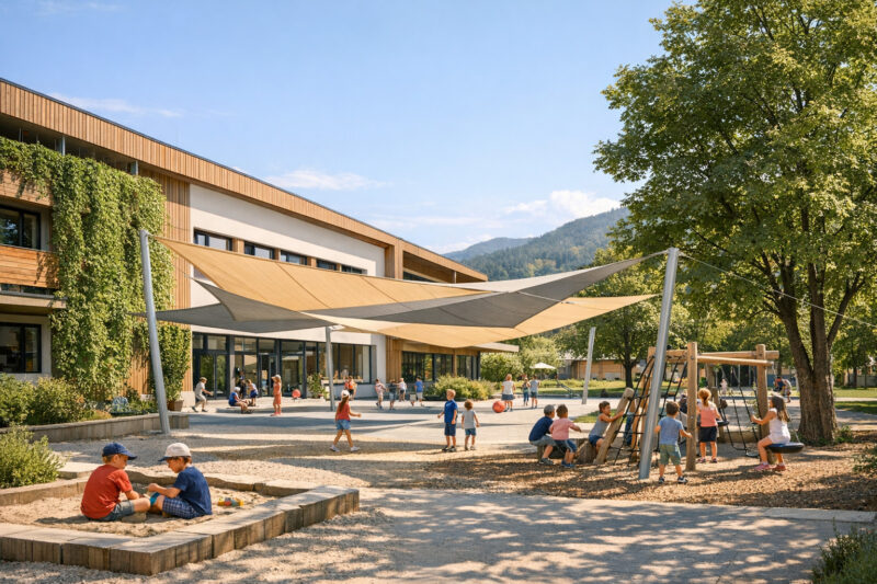 Volksschule in Kärnten mit Sonnensegeln und begrüntem Schulhof
