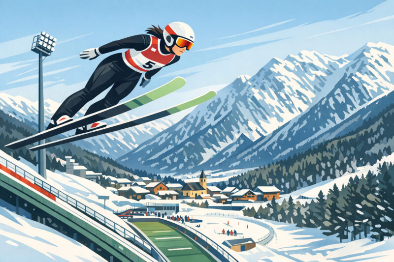 Skispringerin Hannah Wiegele während eines Sprungs auf der Normalschanze
